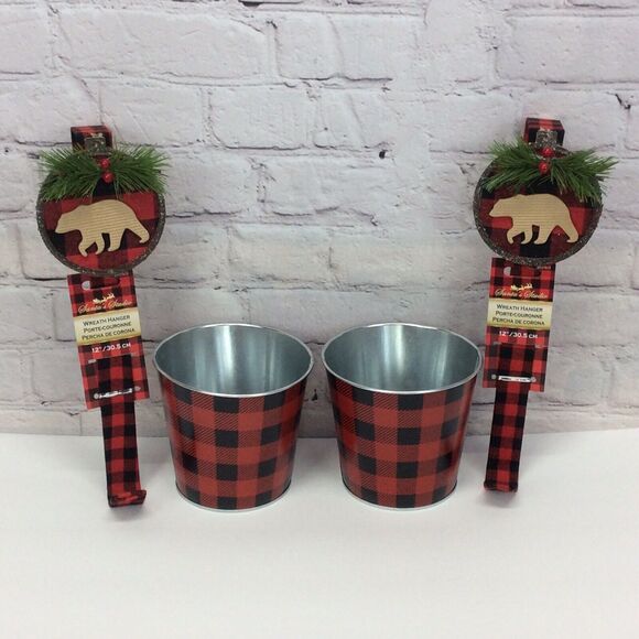 Christmas Black & Red Buffalo Check 4 Pc Decor Bundle 2 Wreath Hangers 2 Tins - Picture 1 of 7